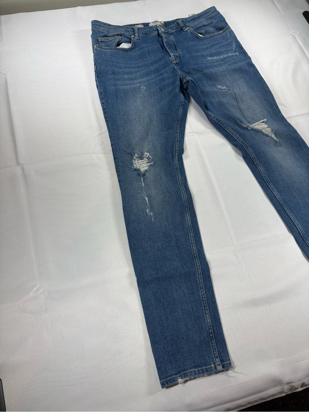 Topman Stretch Skinny Distressed Jeans Blue Ripped Denim - Picture 2 of 8